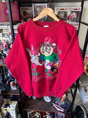 Vintage 90s Taz Tasmanian Devil Red Christmas Sweatshirt Size L Tultex USA